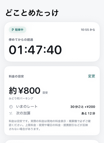 どことめたっけ の画面。駐車中の経過時間と、駐車料金の目安が並んでいる。