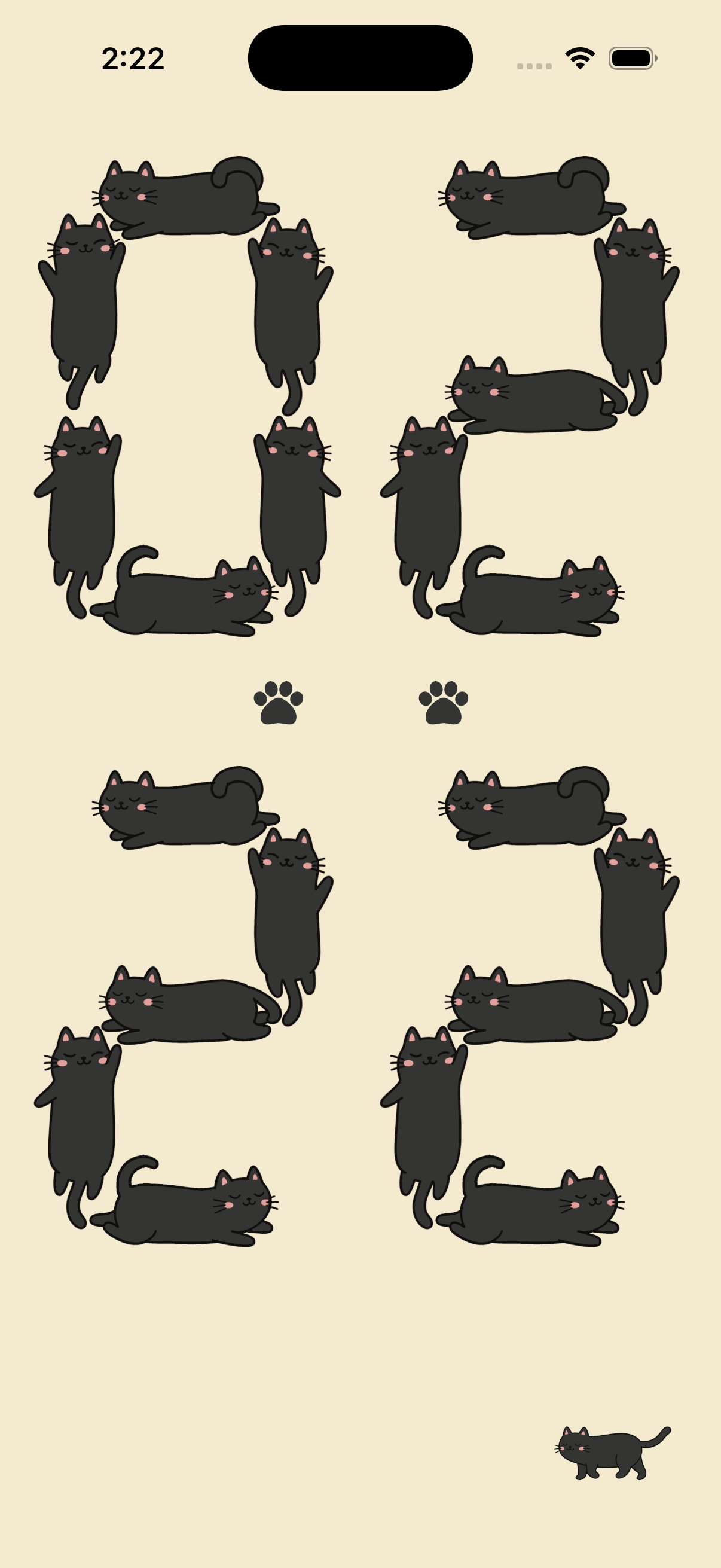 猫パタ時計の画面。黒猫たちがつくる時計の数字全体。